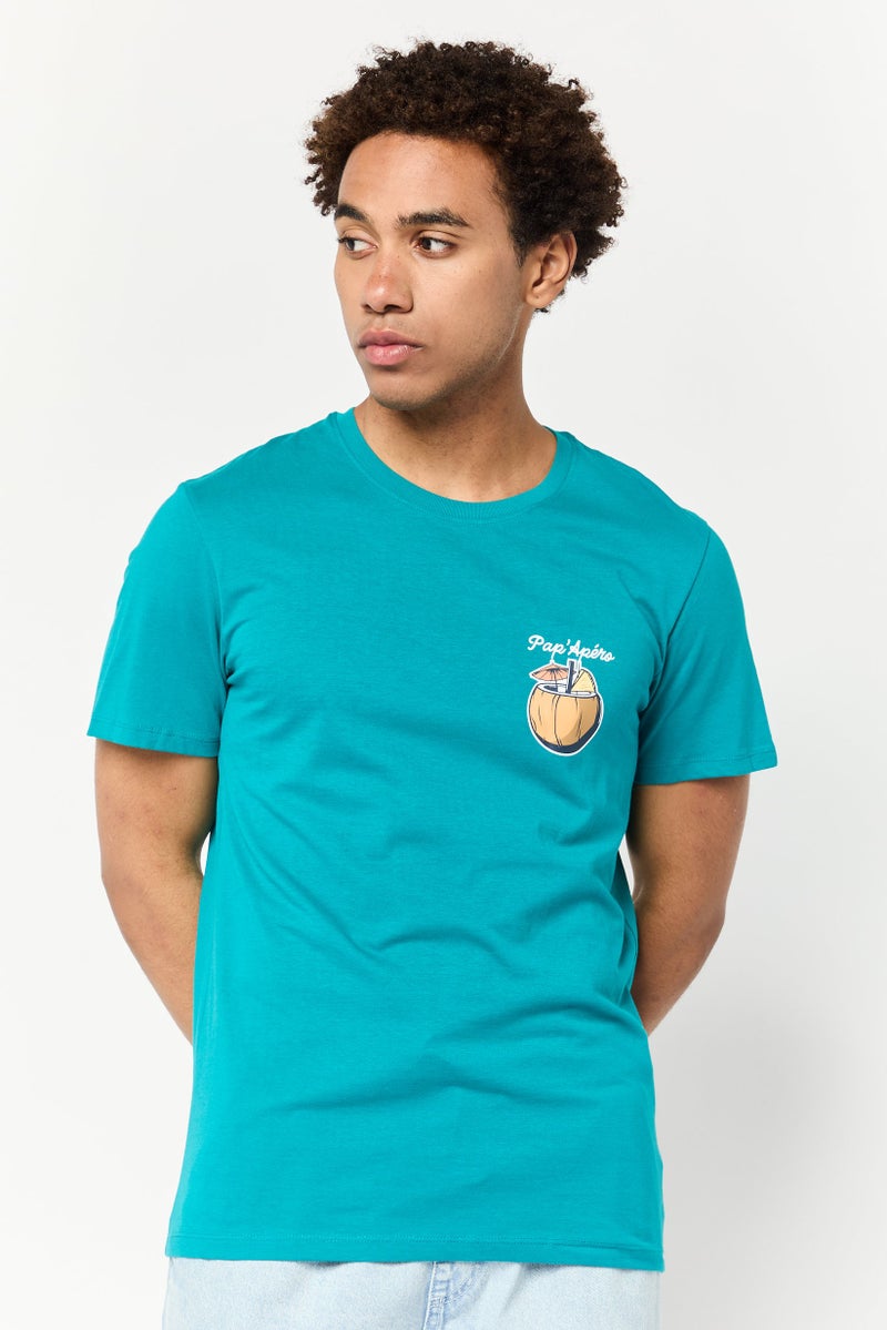 Celio Men Crew Neck Short Sleeve Graphic T Shirt, Electic Blue - Image 1